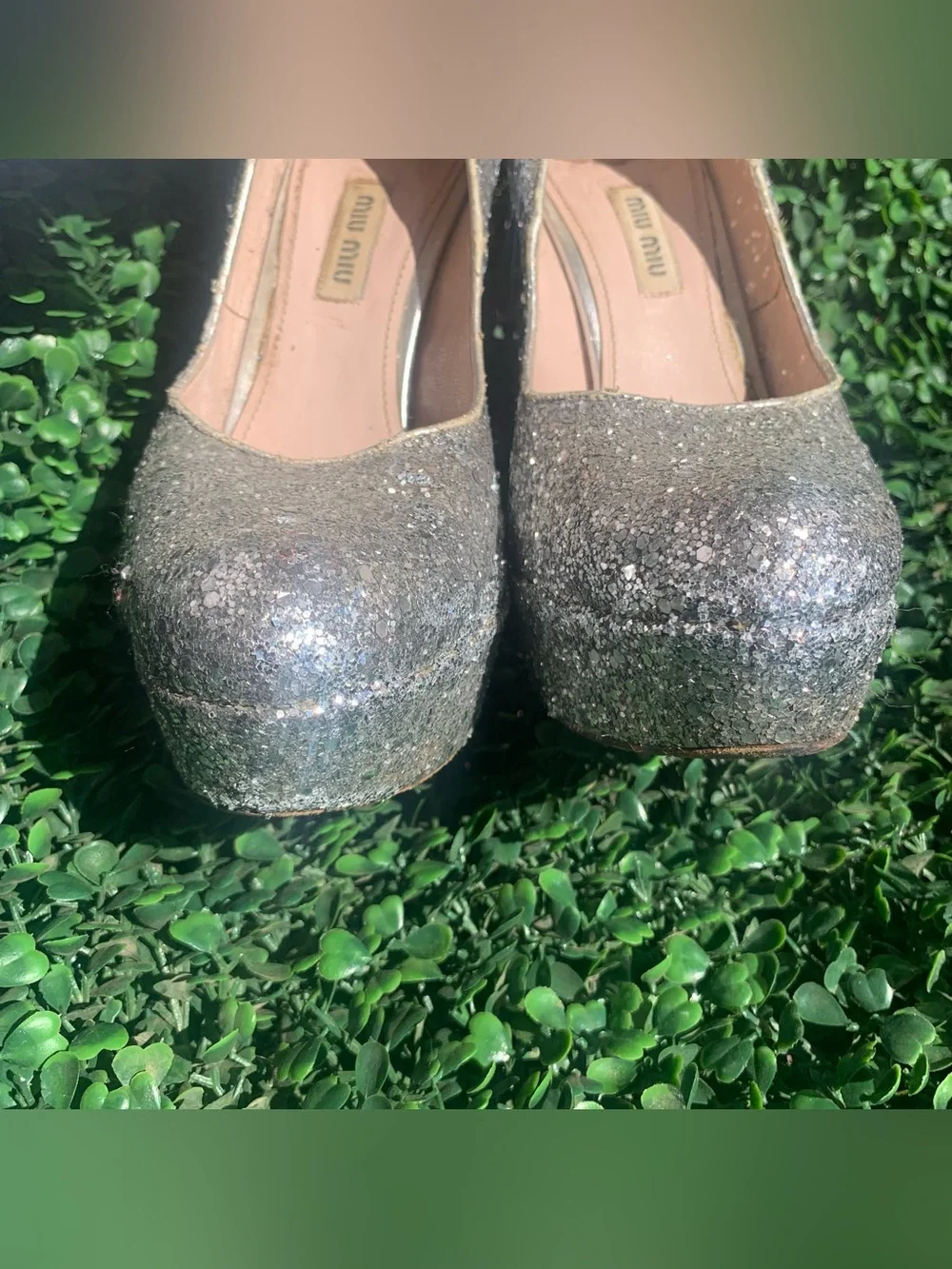 Refurbished Miu Miu silver glitter platform high chunky heels Sz 37 w/ 5” heel